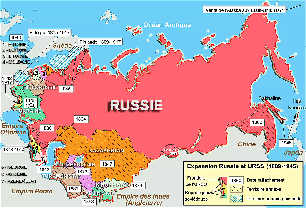 Carte de l'expansion de la Russie et de l'URSS de 1812 à 1945