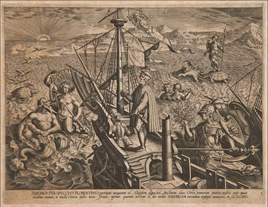 Allégorie du voyage d'Amerigo Vespucci vers les Amériques, Estampe, 1589. Musée du Nouveau Monde, La Rochelle 