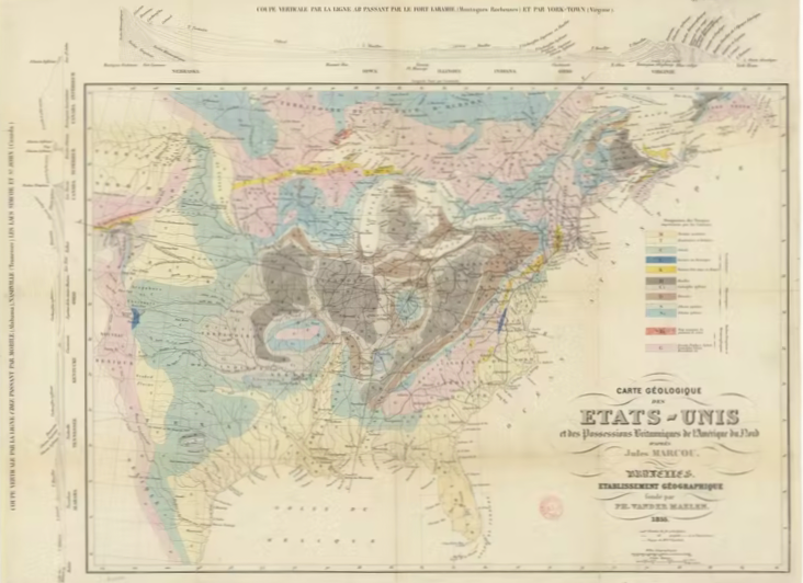 Carte géologique des États-Unis et des possessions britanniques de l’Amérique du Nord, d’après Jules Marcou. Gallica-BnF